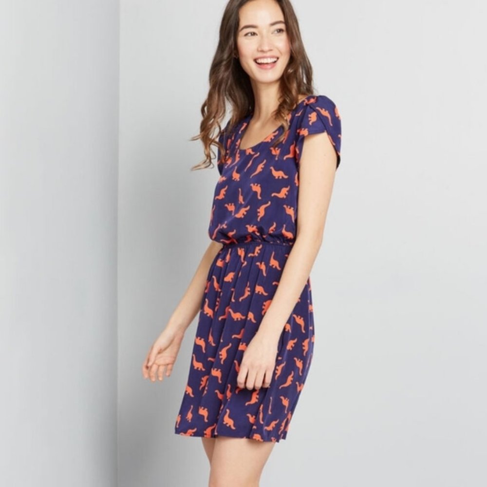 ModCloth Oh My Gosh A-line dress Navy and Orange Dinos dinosaur dress